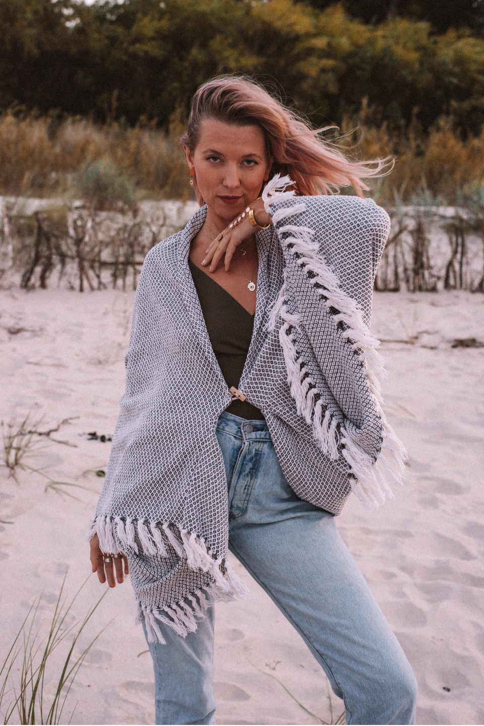 Houndstooth Fringed Poncho